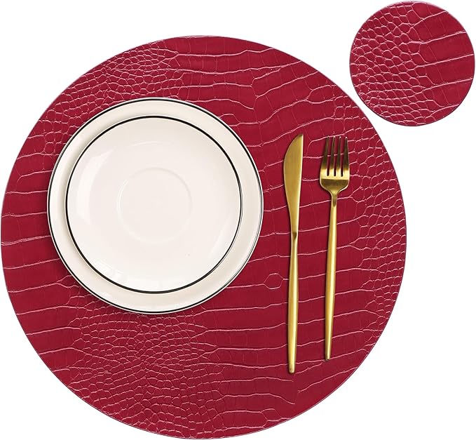 Jovono Round Leather Placemats for Round Tables Set of 8, Red Place Mats and Coasters, Wipeable Waterproof Heat Resistant Table Mats Easy to Care for Indoor Decor 13 inch Diameter