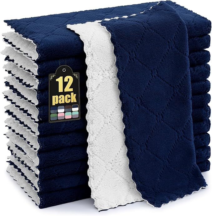 Mordimy 12 Pack Kitchen Cloths Dish Towels (10" x 10", Navy Blue & White), Super Soft and Absorbent Dish Cloths, Coral Velvet Microfiber Cleaning Cloth, Nonstick Oil Fast Dry Dishcloths