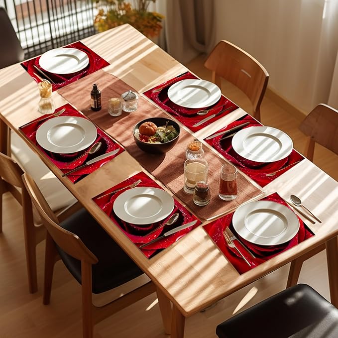 Red Rose Placemats Set of 6,Washable Heat Resistant 12×18 Inch Linen Table Mats Magic Place Mats for Party Outdoor Dining Décor