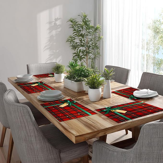 Batmerry Placemats,Bow and Empty Tag On Scottish Plaid Washable Linen Table Mats for Kitchen Table Double Insulation Decor Dining Set Indoor Outdoor 12X18 in Set of 4