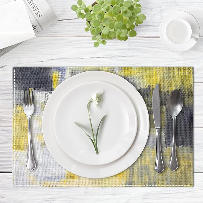 Emvency Farmhouse Placemats Set of 6, Abstract Modern Yellow Grey Geometric 12x18 Inch Linen Rectangular Place Table Mats for Indoors & Outdoor Home Party Kitchen Dining Decoration