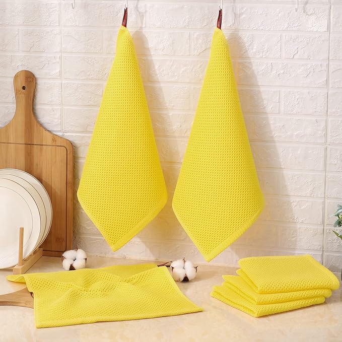 Kitinjoy 100% Cotton Kitchen Dish Cloths (12 X 12 Inches, Yellow), 6 Pack Waffle Weave Ultra Soft Absorbent Dish Towels for Drying Dishes Quick Drying Kitchen Towels Dish Rags