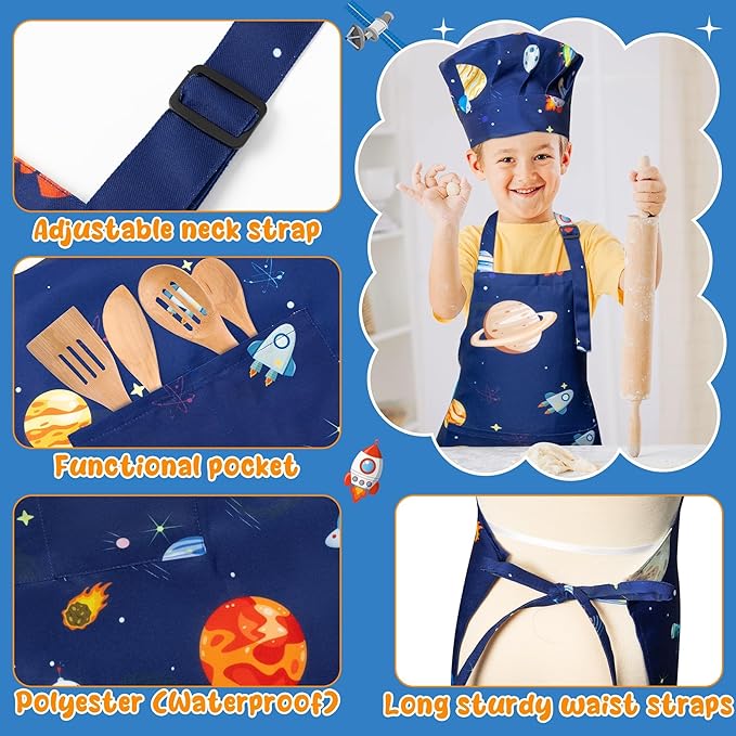 GROBRO7 4Pcs Kids Apron and Chef Hat Set Gift for Girls Boy, Space Theme Pattern Adjustable Kitchen Toddler Aprons with 2 Pockets Waterproof Chef Hats for Baking Cooking Painting Gardening Crafting