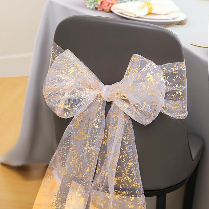 Snowkingdom 2 Pcs Gold Table Runner Roll, Sheer Gauze Chiffon Tulle Fabric Sequin Glitter Metallic Foil, Gold Golden Table Decorations for Home Wedding Birthday Party Anniversary Christmas