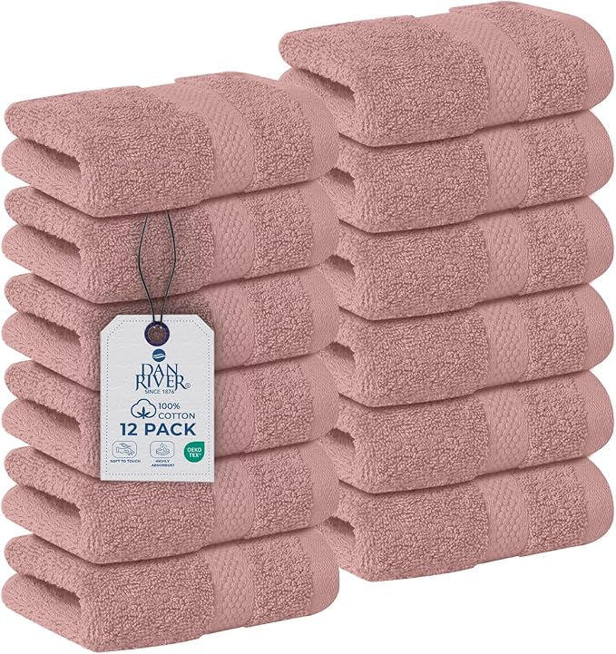 DAN RIVER 12-Pack Premium 100% Cotton Dusty Rose Face Towels for Bathroom - Reusable Face Wash Cloths for Showering 12x12 Inches - 550 GSM Super Soft & Absorbent Luxury WashCloths for Body, Spa & Gym