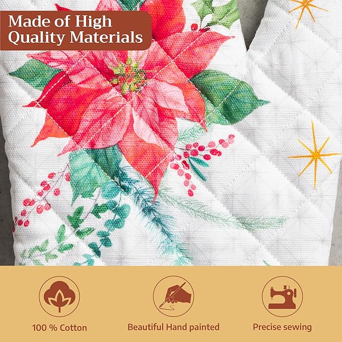 Maison d' Hermine Oven Gloves 100% Cotton Oven Mitt 7" x 13" with Loop Heat Resistant Cooking Gloves for Thanksgiving Christmas Decorations Baking Handling Hot Pans (Pack of 1, Poinsettia Christmas)