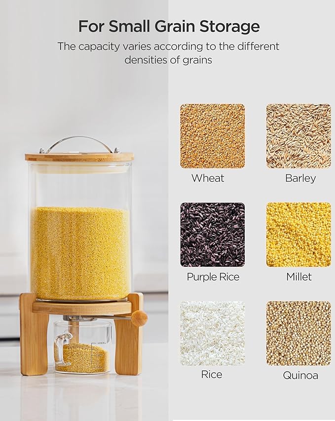 5-7 Lbs Glass Rice Dispenser with Wooden Stand Flour and Cereal Container with Glass Measuring Cup Pantry Food Organization Storage Bin with Airtight Bamboo Lid, 3L