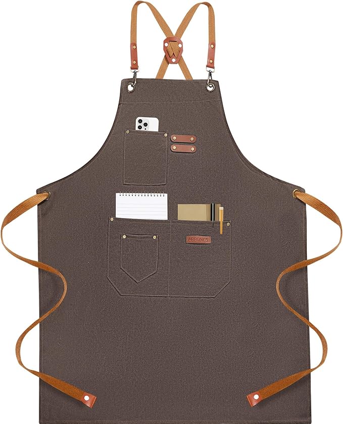 Chef Aprons for Men Women with 4 Large Pockets, Cotton Canvas Cross Back Adjustable Apron for Work grilling kitchen gardening