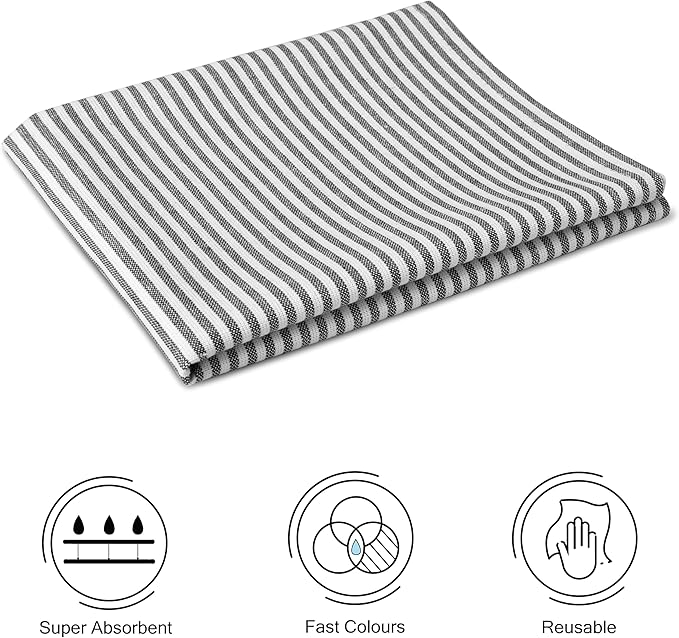 Encasa XO Cotton Kitchen Towel Set | Hand and Tea Cloth for Cleaning & Quick Drying, X-Large 28"x18" (Pack of 4) Highly Absorbent - Ticking Black