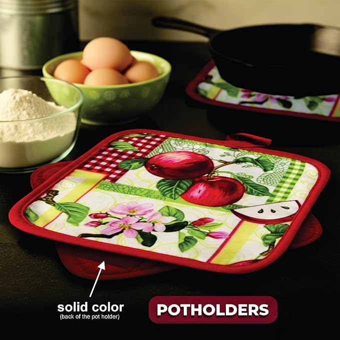 Lobyn Value Packs - Red Apples on a Patchwork Quilt, 5 Piece Kitchen Towel Set with 2 Decorative Dish Towels (25 X 15), 1 Oven Mitt (11 X 7) and 2 Potholders (6.5 X 6.5)