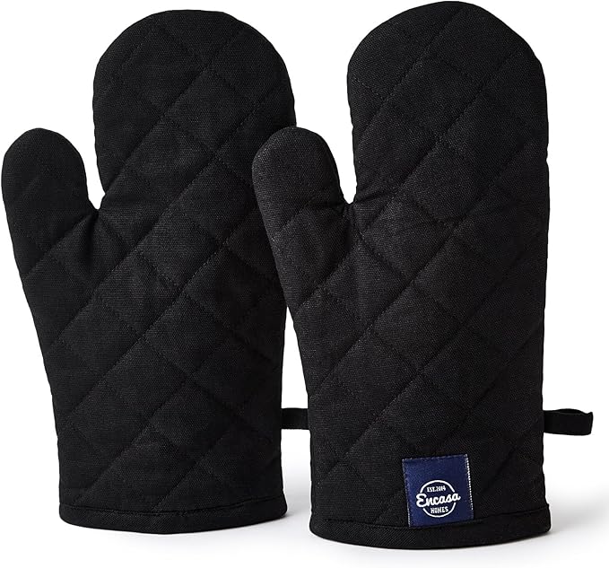 Encasa XO Heat Resistant Cotton Oven Gloves Mitts (2 Pc Set) - Quilted & Safe 12x6.6 in - for Kitchen, Cooking & Baking, Grilling, Handling Hot Pots & Pans - Full Black