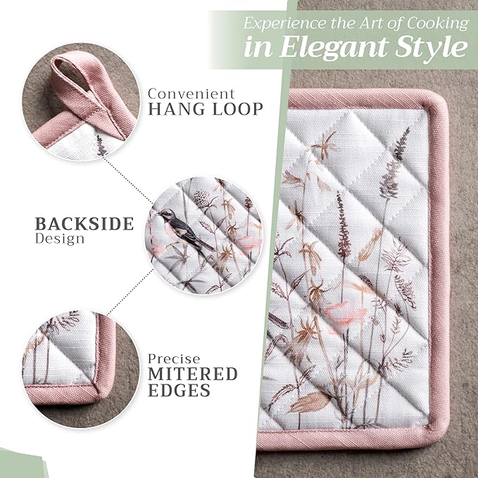 Maison d' Hermine Pot Holders 100% Cotton Heat Resistant Potholders 8" x 8" Hot Pads with Loop Baking Gifts for Mothers Day Handling Hot Pans Spring/Summer (Pack of 2, Meadow Florals - Brown)