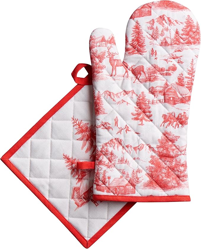 Maison d' Hermine 100% Cotton Oven Mitt & Pot Holder Set (7.5"x13" & 8"x8") Heat Resistant BBQ Cooking Gloves with Loop for Thanksgiving Christmas Decorations Handling Hot Pans (Winter Jouy)