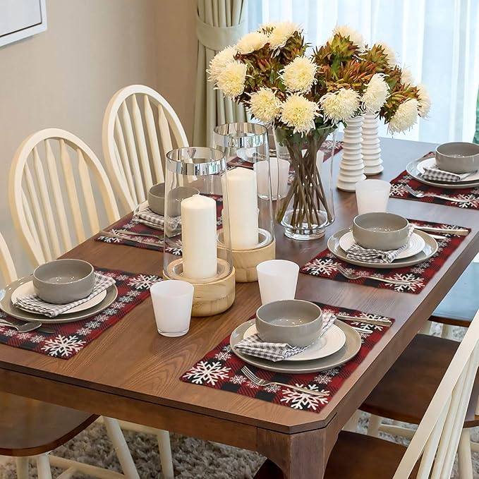 Christmas Placemats Set of 4 Vintage Red Black Buffalo Plaid Snowflake Decor Place Mats 12x18 Inch Xmas Winter Holiday Decorative Linen Table Mats for Home Kitchen Dining Party Table Decoration
