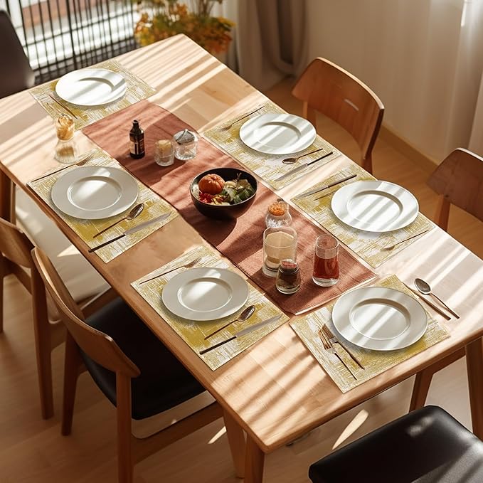 Yellow Beige Placemats Set of 6,Washable Heat Resistant 12×18 Inch Linen Table Mats Modern Place Mats for Party Outdoor Dining Décor