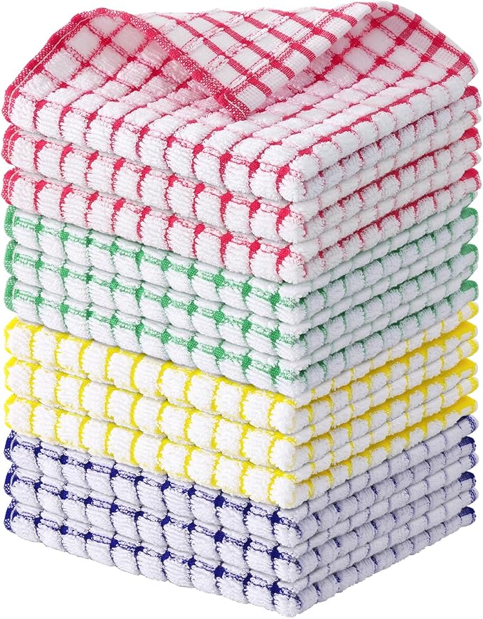 Kitinjoy Cotton 12 Pack Terry Kitchen Dish Cloths, 12 x 12 Inches Super Soft and Absorbent Dish Rags, Quick Drying Dish Towels for Washing Dishes, Mixed Color