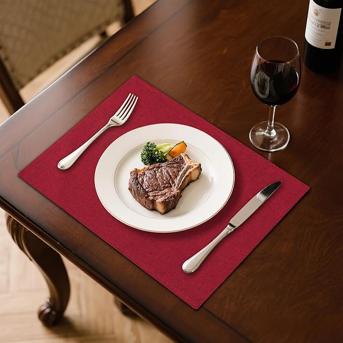 Linen Cloth Double Layers Placemats, Cotton Woven Placemats Set of 6, Kitchen Table Farmhouse Decor Heat Resistant Table Mats, Outdoor Indoor Square Fabric Place Mats Can be Washable (Burgundy)