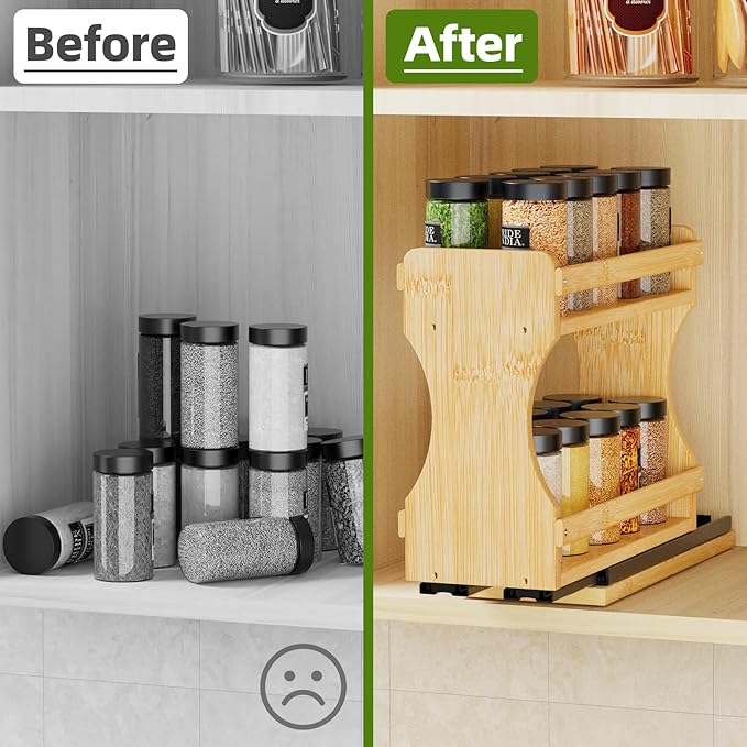 BAMEOS Pull Out Spice Rack Organizer for Cabinet, Bamboo Wide 4.2" Slide Out Seasoning Organizer for Kitchen, No Drill Anti-Tip Ball Bearing Silent Glides, Pantry Cabinet Organizer,Natural