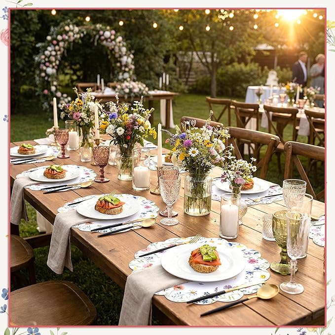 60Pcs Spring Flower Paper Placemats, 13.5 Inch Disposable Floral Placemat Round Wildflower Butterfly Place Mats Scalloped Table Mat for Mother's Day Wedding Banquet Baby Shower Bridal Shower Tea Party