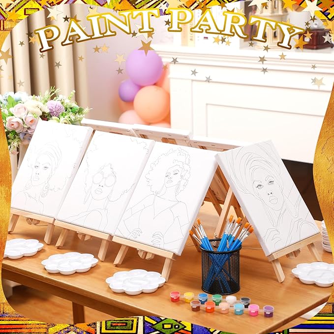 Motipuns 12 Set Pre Drawn Canvas for Painting for Adults Sip and Paint Kit with Easels 8 x 10 Inches Paint Party Kit with Printed Canvas Paints Brushes Palette Bag Apron(Afro Queen)