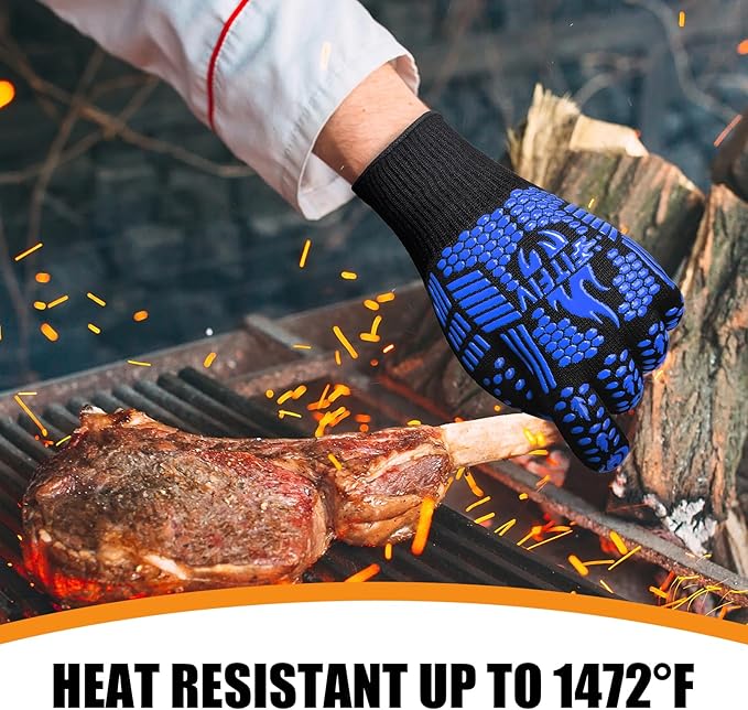 BBQ Gloves, Oven Gloves, 1472°F Extreme Heat Resistant Barbecue Gloves, Silicone Non-Slip Oven Mitts, Kitchen for Cooking, Grilling, and Baking (Blue)