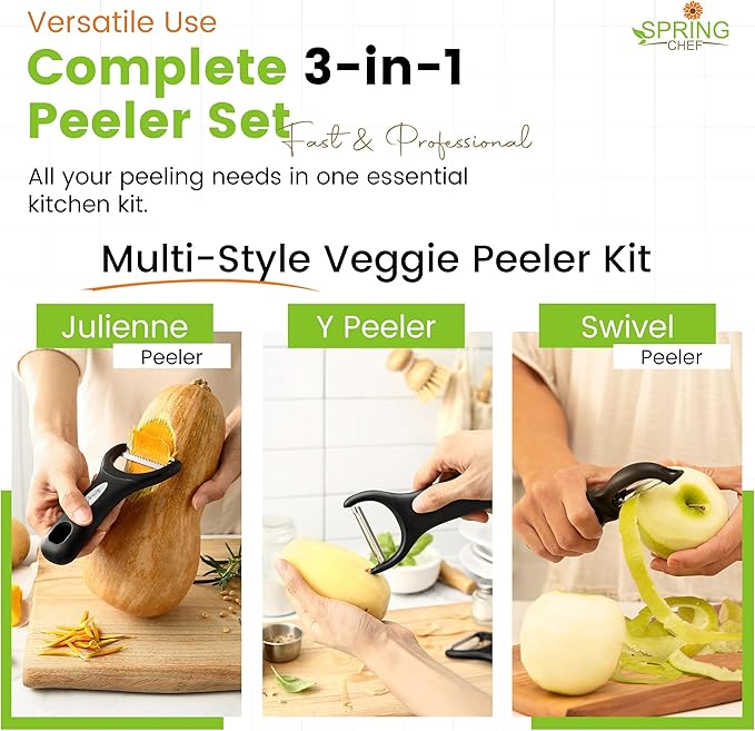 Spring Chef Vegetable Peelers for Kitchen - Stainless Steel Swivel, Y & Julienne Peelers, Potato Peelers with Soft Grip Handles, Kitchen Utensils Set of 3 for Fruits, Veggies, Apples, Carrots