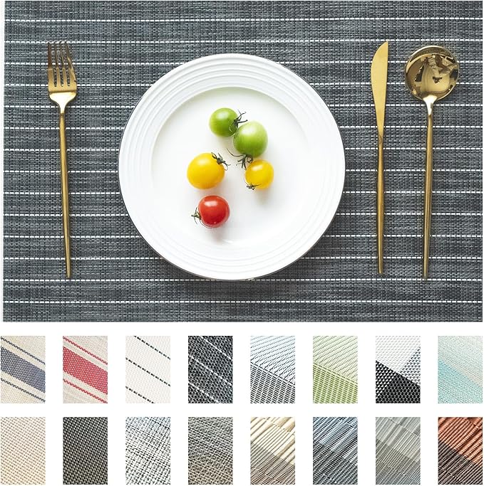 Placemats Set of 4 Vinyl/Plastic Woven Place Mats for Kitchen Table Indoor/Outdoor Washable Placemat Wipeable Dining Table Mats (Black Stripes,4)