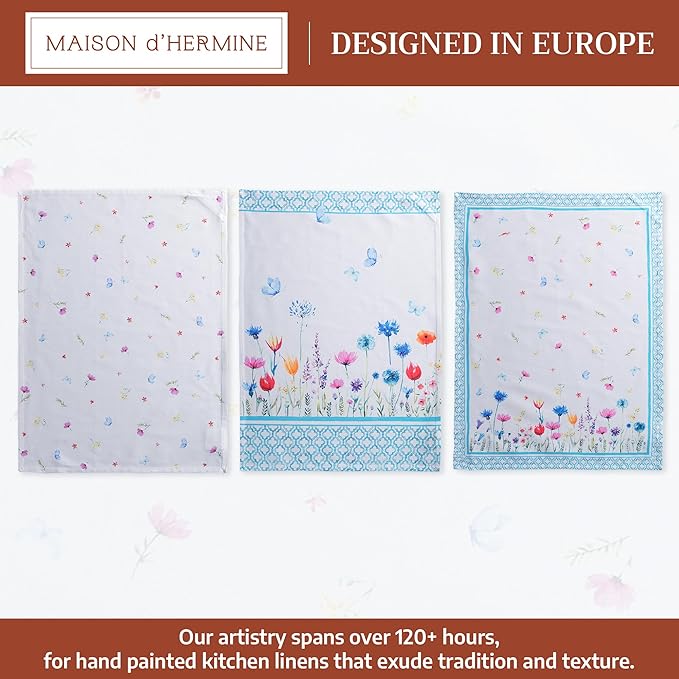 Maison d' Hermine Kitchen Towels Set of 3 100% Cotton 27.50" x 20" Reusable Cloth Tea Dish Towels Absorbent with Hanging Loop for Kitchen Gifts for Mothers Day Spring/Summer (Flower in The Field)