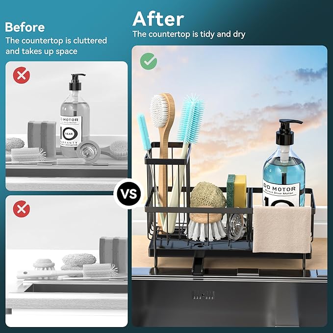 Kitchen Sink Sponge Holder & Soap Caddy - Countertop Dish Rack Space, Self-Draining Tray, Keeps Sponges & Soap Organized Black