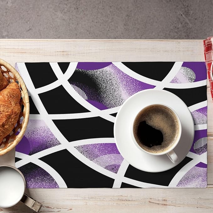Modern Geometric Abstract Purple Placemats Set of 4, Linen Durable Non-Slip Heat-Resistant Washable Black White Purple Patterned Place Mats for Dining Table, Kitchen, Party, Kitchen Table Mats Decor