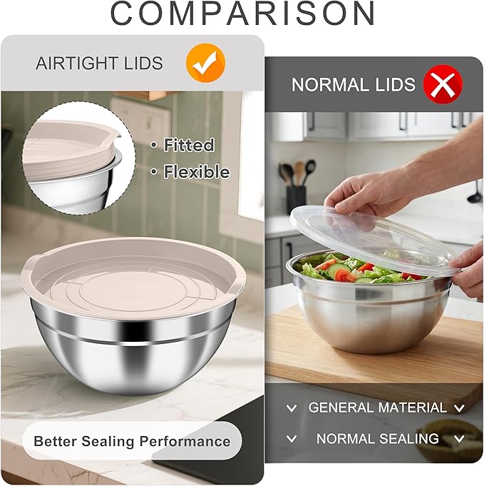 HaWare Mixing Bowls with Airtight Lids, 6-Piece Stainless Steel Salad Bowls, Strong Nesting Bowls for Cooking, Prepping, Baking, Serving & Food Storage, Stackable Design, Size 4.6, 3, 1.5QT, Khaki