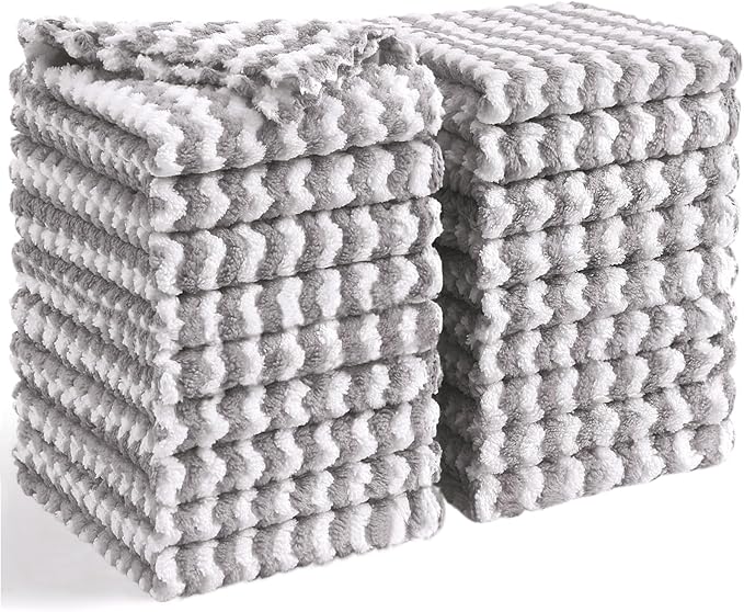 Homaxy 18 Pack Kitchen Dish Cloths, Ultra Soft and Absorbent Dish Towels, Reusable Fast Drying Microfiber Cleaning Cloth, Coral Velvet Wave Design No-lint,10 x 10 inches, Grey
