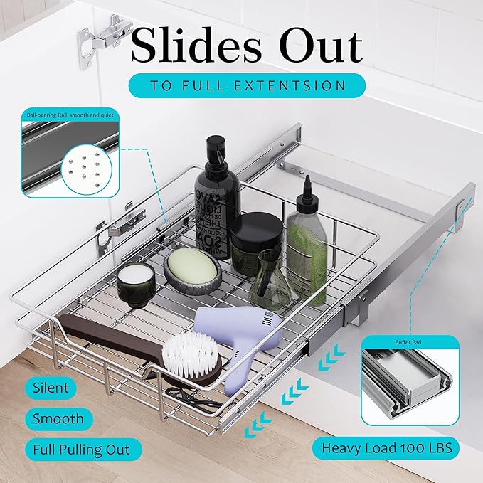 Pull Out Cabinet Organizer 15" W X 22" D, Slide Out Drawers For Kitchen Organizers and Storage, Pull Out Drawers For Cabinets Capacity Heavy Duty Caddy, Cabinet Shelves Chrome-Plated, Bathroom Pantry