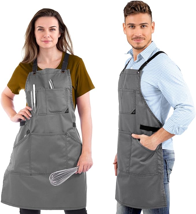 Under NY Sky Essential Armor Gray Apron – Cross-Back with Durable Twill and Leather Reinforcement – Adjustable for Men and Women – Pro Chef, Tattoo Artist, Baker, Barista, Bartender, Server Aprons