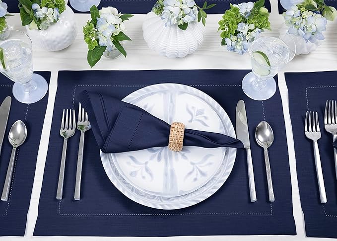 Solino Home Linen Placemats Set of 4 - Classic Hemstitch Navy Blue Placemats 14 x 19 Inch - 100% Pure Linen Table Mats for Mothers Day, Memorial Day