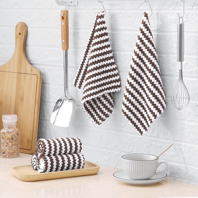 Homaxy 18 Pack Kitchen Dish Cloths, Ultra Soft and Absorbent Dish Towels, Reusable Fast Drying Microfiber Cleaning Cloth, Coral Velvet Wave Design no-lint, 10 x 10 inches, Brown