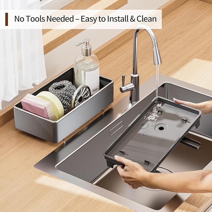 MOUKABAL Sponge Holder for Kitchen Sink – Rustproof Stainless Steel, 360° Rotating Drain Pipe, Large Counter Organizer with Drip Tray for Sponges, Brushes & Dish Cloths Grey