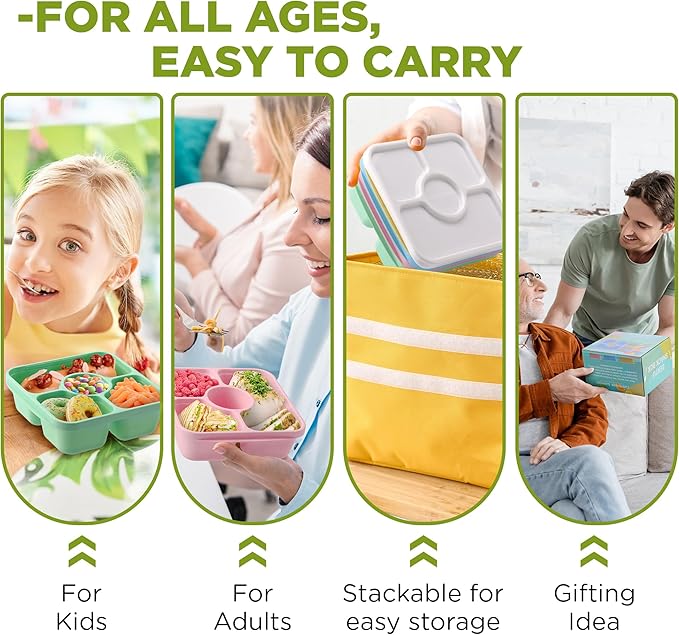 Bento Snack Box Containers, Kids Adults Bento Lunch Box Containers, 4 Pack Meal Food Prep Containers Reusable with Lids, Divided Food Storage Containers with Sauce Cups, Pastel Color