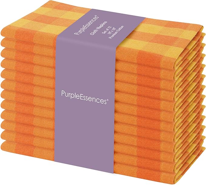 PurpleEssences Buffalo Plaid Cloth Napkins - Mitered Corners - Spring Easter Summer - Gingham Check Dinner Napkin - Set of 12-100% Cotton - 18x18 Inch - Reusable Washable - Orange and Golden Yellow