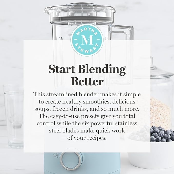 Martha Stewart Countertop Blender, 50oz Jar, 6 Stainless Steel Blades 3 Speeds & 5 Presets, Auto Clean, Smoothies, Crush Ice, Shakes, Chop, Margarita, Measurement Markings, 700W, Sky Blue