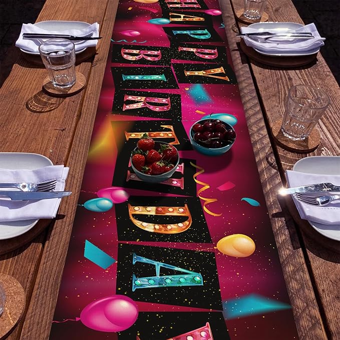 Happy Birthday Table Runner 13x72 Inch Colorful Birthday Balloon Ribbon Farmhouse Polyester Linen Table Decoration for Kitchen Dinning, Indoor Outdoor Home Dinner Party (Brilliant)