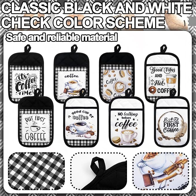 Bencailor 8 Pcs Coffee Pot Holder with Pocket Farmhouse Kitchen Decoration Heat Resistant Potholders Hot Pad Oven Mitts Cookie Bag Oven Gloves for Kitchen Decorations Microwave Baking