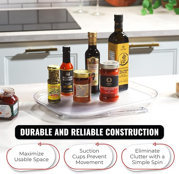 Oizeir Refrigerator Lazy Susan (2PK) - Clear Rectangular Fridge Organizer - Turntable Tray Lazy Susan for Refrigerator - Cabinet & Pantry Organizer - Smooth 360° Rotating Swivel Spinning Fridge Shelf