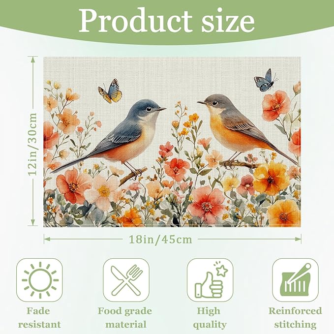 Spring Bird Flower Floral Placemats Set of 6, Washable Heat Resistant Table Mat Watercolor Floral Linen Place Mats for Party Kitchen Dining Home Decor 12x18 Inch