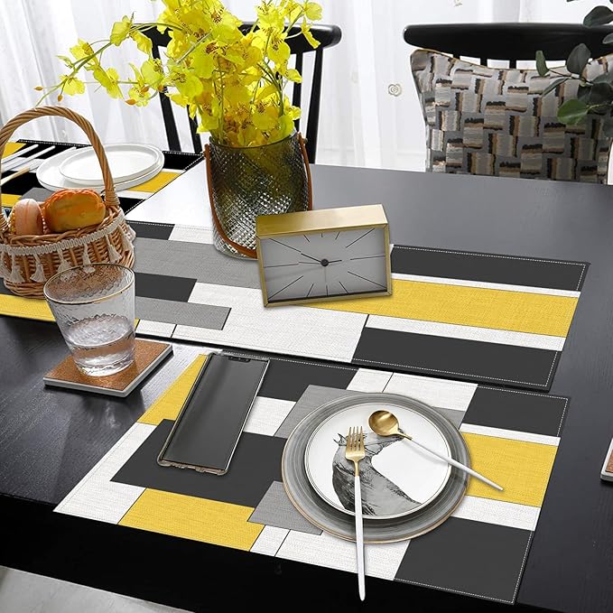 ArtSocket Geometric Table Runner and Placemats Set of 6, Yellow Black Grey Abstract Painting Art Dining Decor for Daily Use(1 Table Runner 72 inches Long and 6 Placemats)