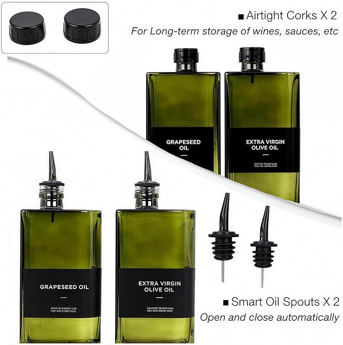 2-in-1 Oil Dispenser & Sprayer 2-Pack, Dark Glass Olive Oil Bottle with Stainless Steel Pourer, Oil Container, Oil & Vinegar Set, Light-Blocking Kitchen Countertop Accessory (Green)