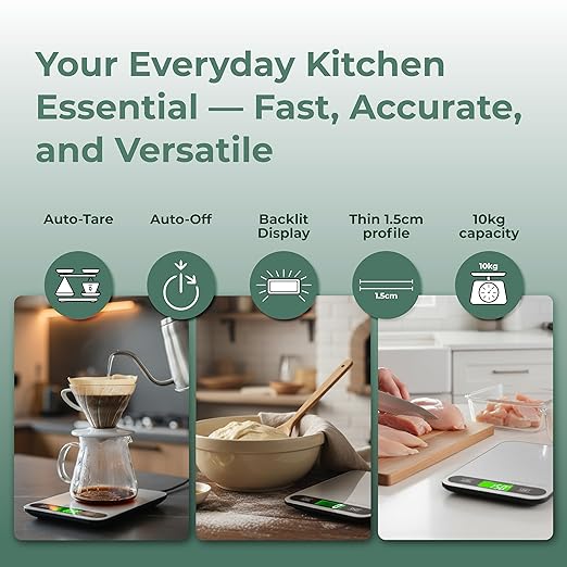 CINCY Digital Food Scale for Kitchen – 10kg/22lb Capacity, 1g Precision, Stainless Steel Kitchen Scale with Tare Function, 6 Units (g/oz/lb/ml/kg), Large LCD – Meal Prep, Baking & Cooking Scale