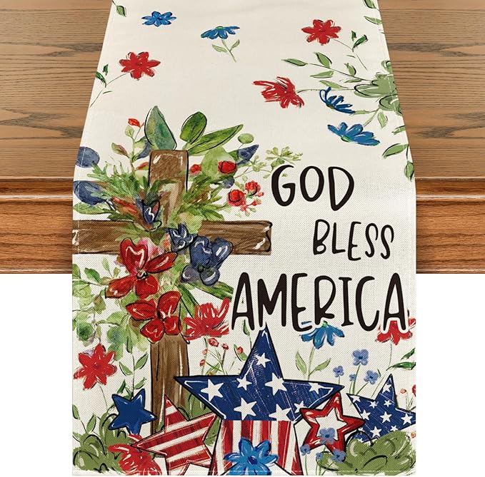 Artoid Mode Cross Star Floral Patriotic 4th of July Table Runner, Memorial Day Kitchen Dining Table Decoration for Home Party Decor 13x48 Inch