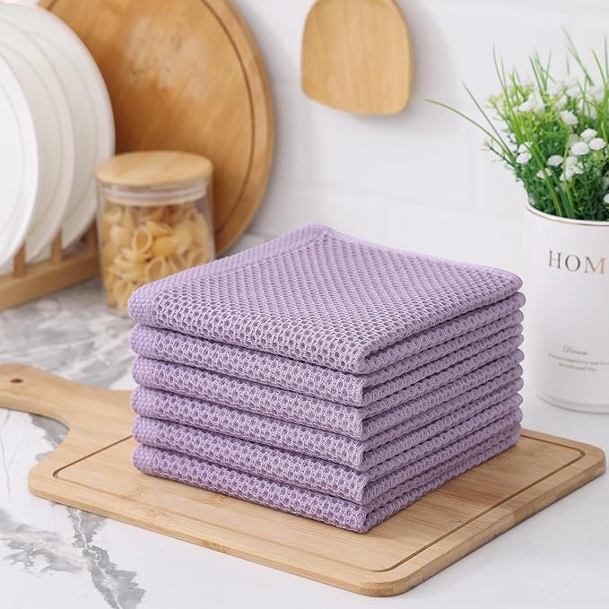 Kitinjoy 100% Cotton Kitchen Dish Cloths (12 X 12 Inches, Lavender), 6 Pack Waffle Weave Ultra Soft Absorbent Dish Towels for Drying Dishes Quick Drying Kitchen Towels Dish Rags