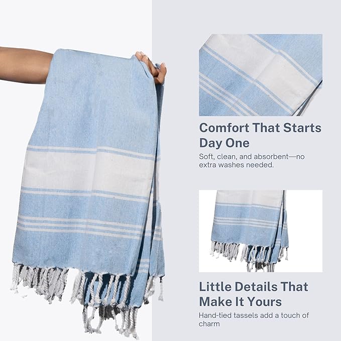 Cotton Turkish Beach Towel with Towels Oversized 36"x72" Pool Absorbent Extra Large Quick Dry Sand Travel Towel (Sky Blue, 2 Pack)